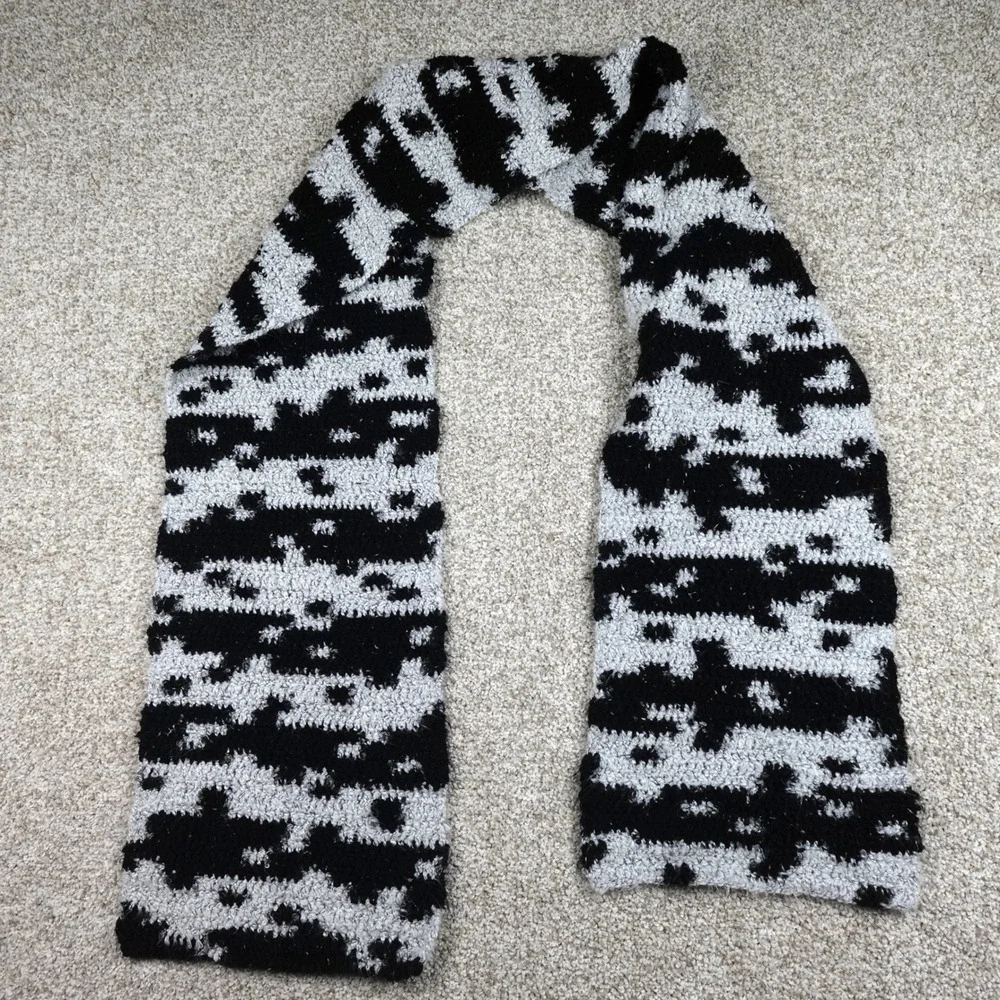 Handmade Crochet Scarf Black Grey Abstract Boucle Fuzzy Winter Wrap 70 Inch